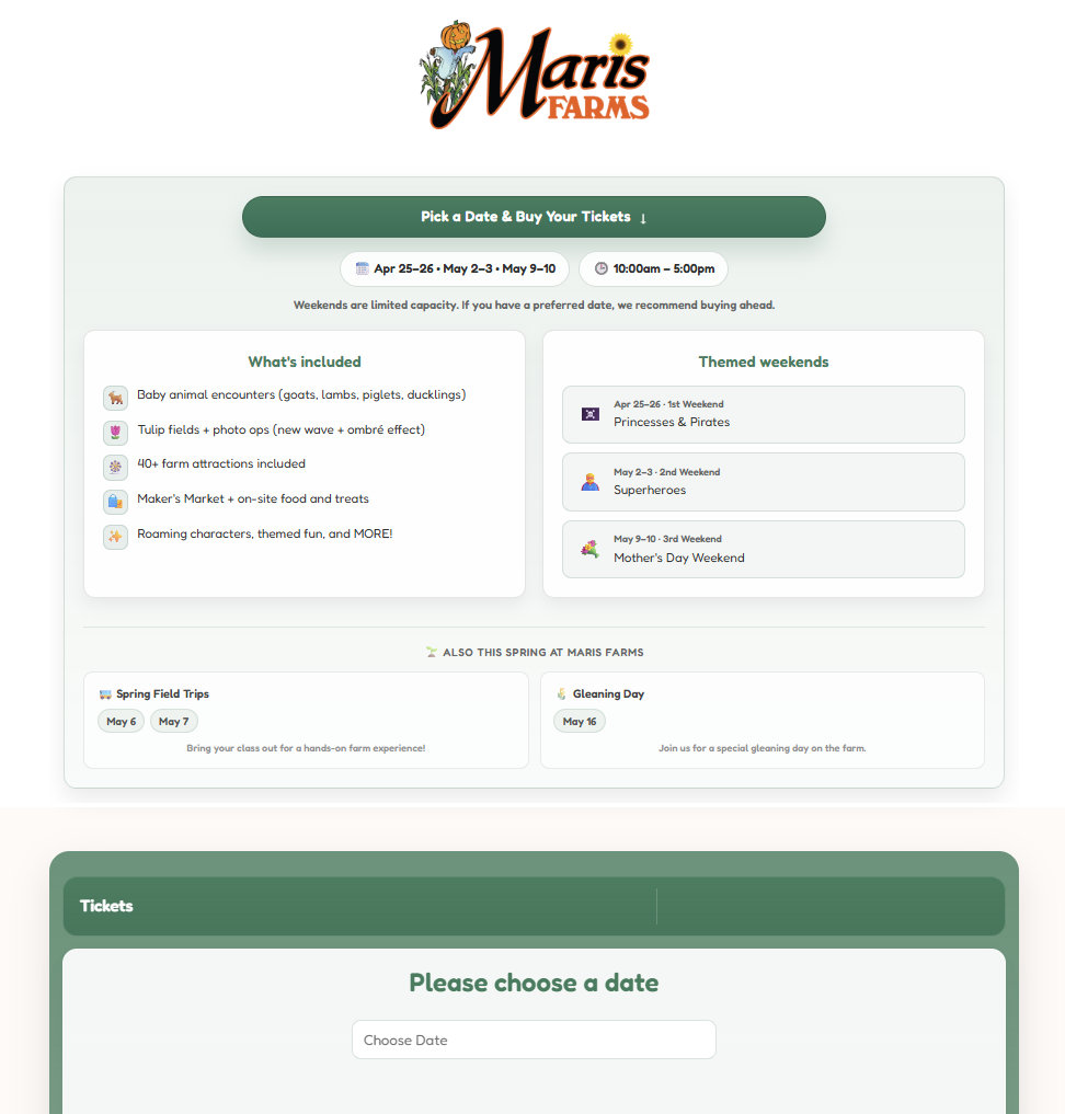 A custom branded TicketSpice page we built for a farm, shown on a laptop