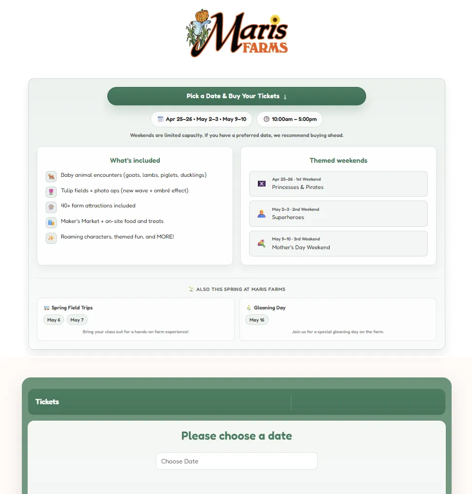 A custom branded TicketSpice page we built for a farm, shown on a laptop