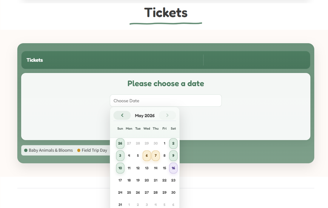 A color coded TicketSpice calendar with themed weekends and capacity hints