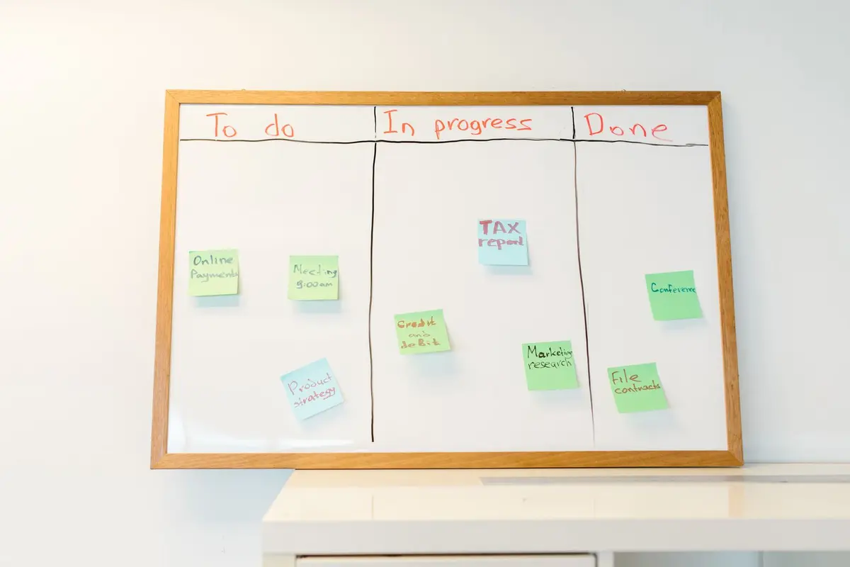 Sticky notes sorted into labeled columns on a wood framed whiteboard